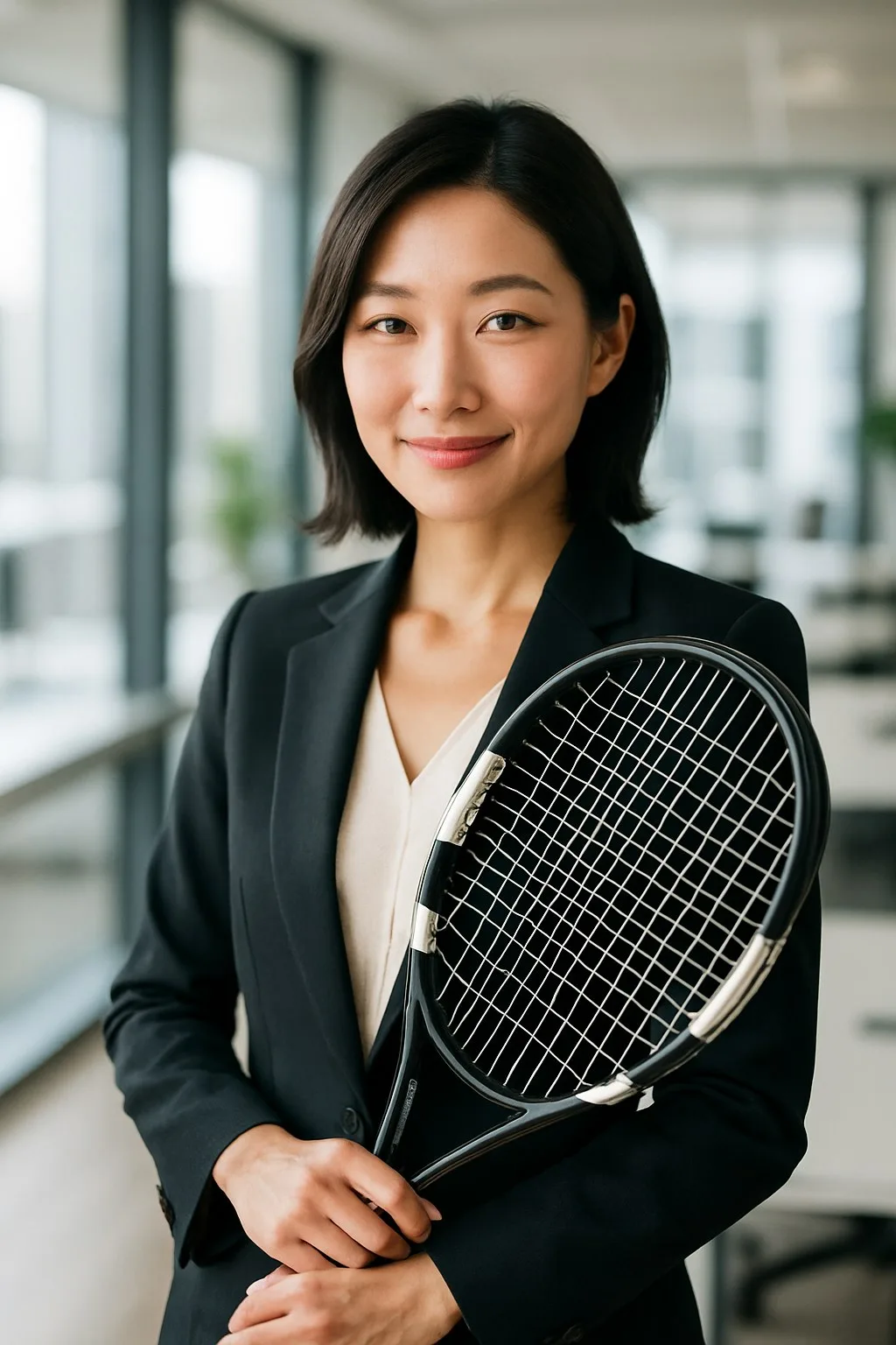 Portrait of Juniper Crest Land's founder, an elegant Japanese businesswoman holding a tennis racket